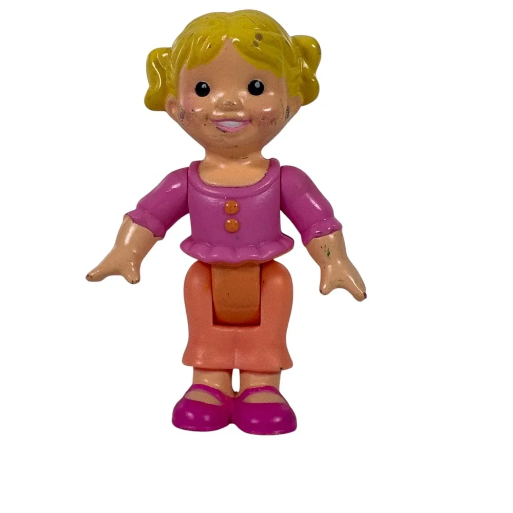 Fisher-Price Little People Girl Figure Blonde Pigtails Pink Orange Small Good